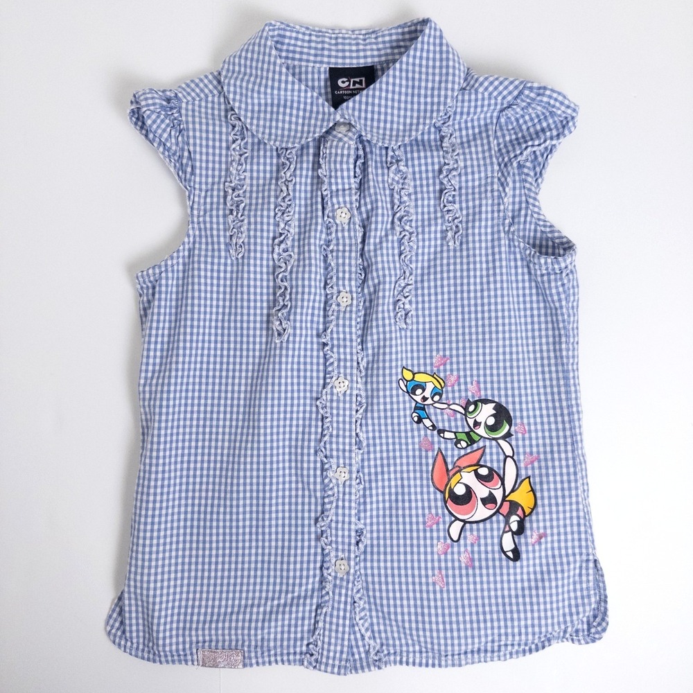 Cartoon Network Powerpuff Girls Kids 6-7 Blue Gingham‎ Ruffle Top